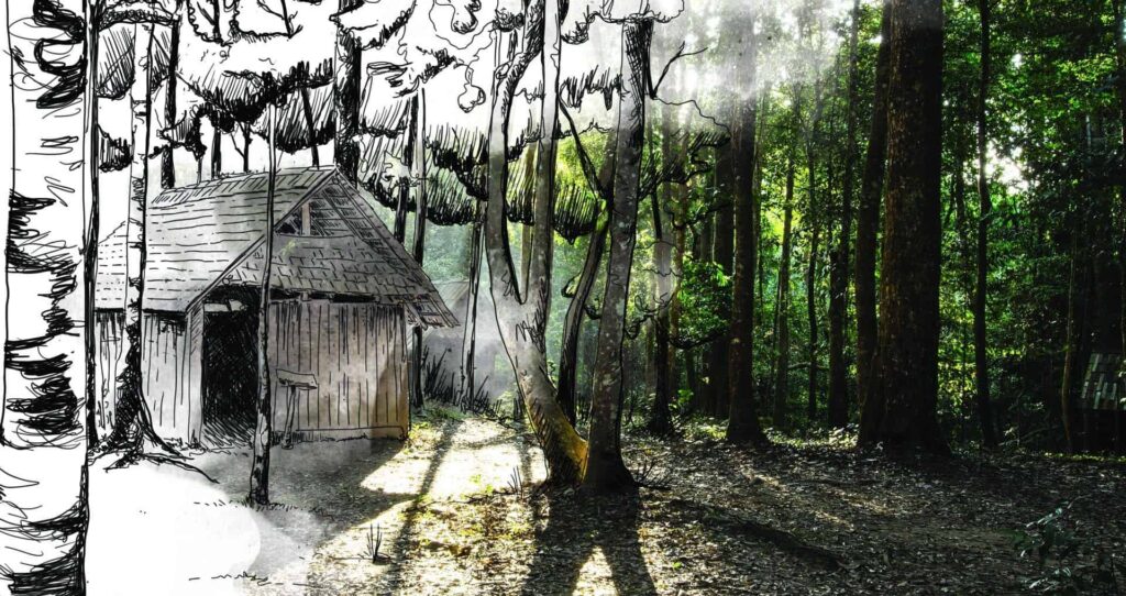 Sketch over a cabin in the forest