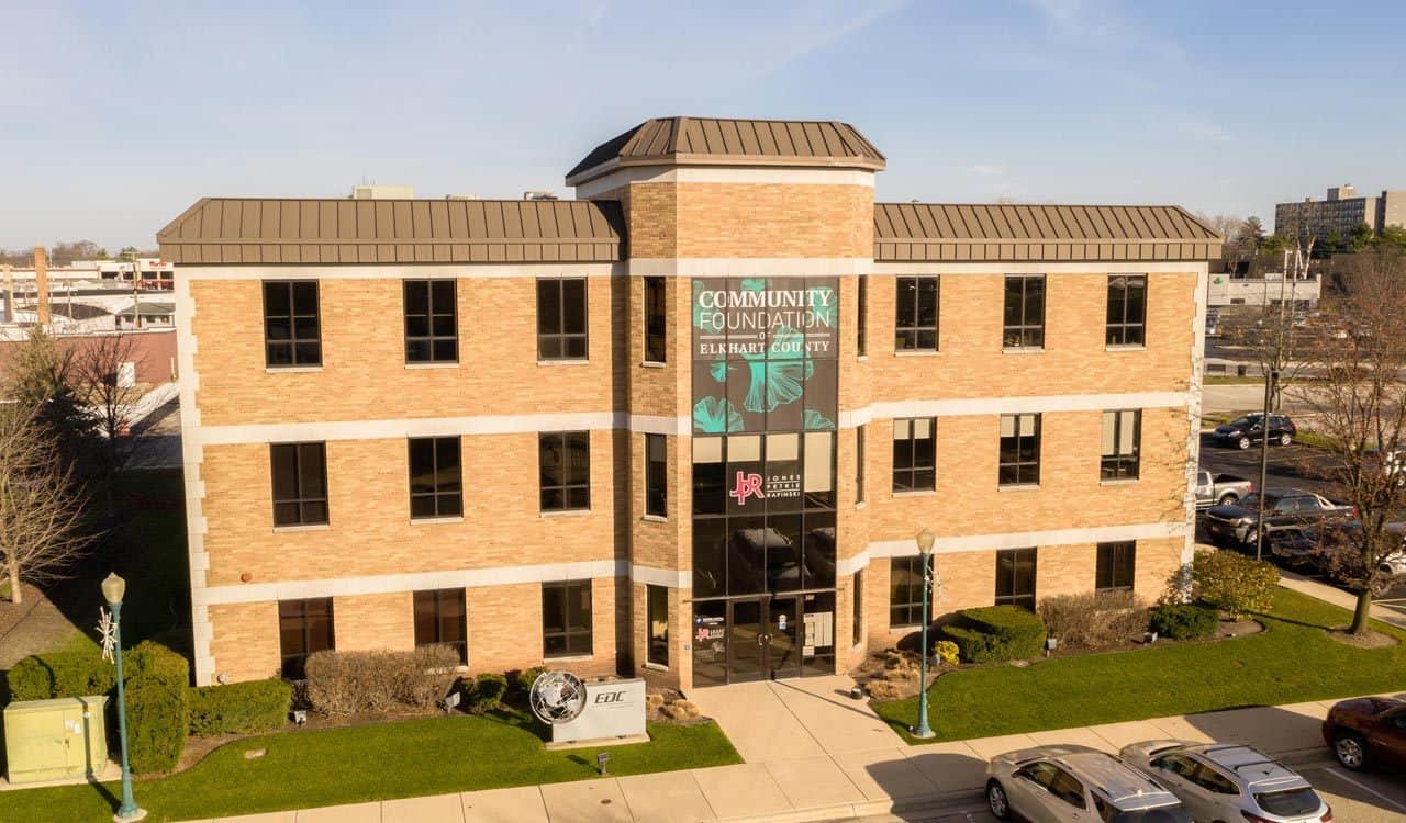 Drone photo of Community Foundation building.